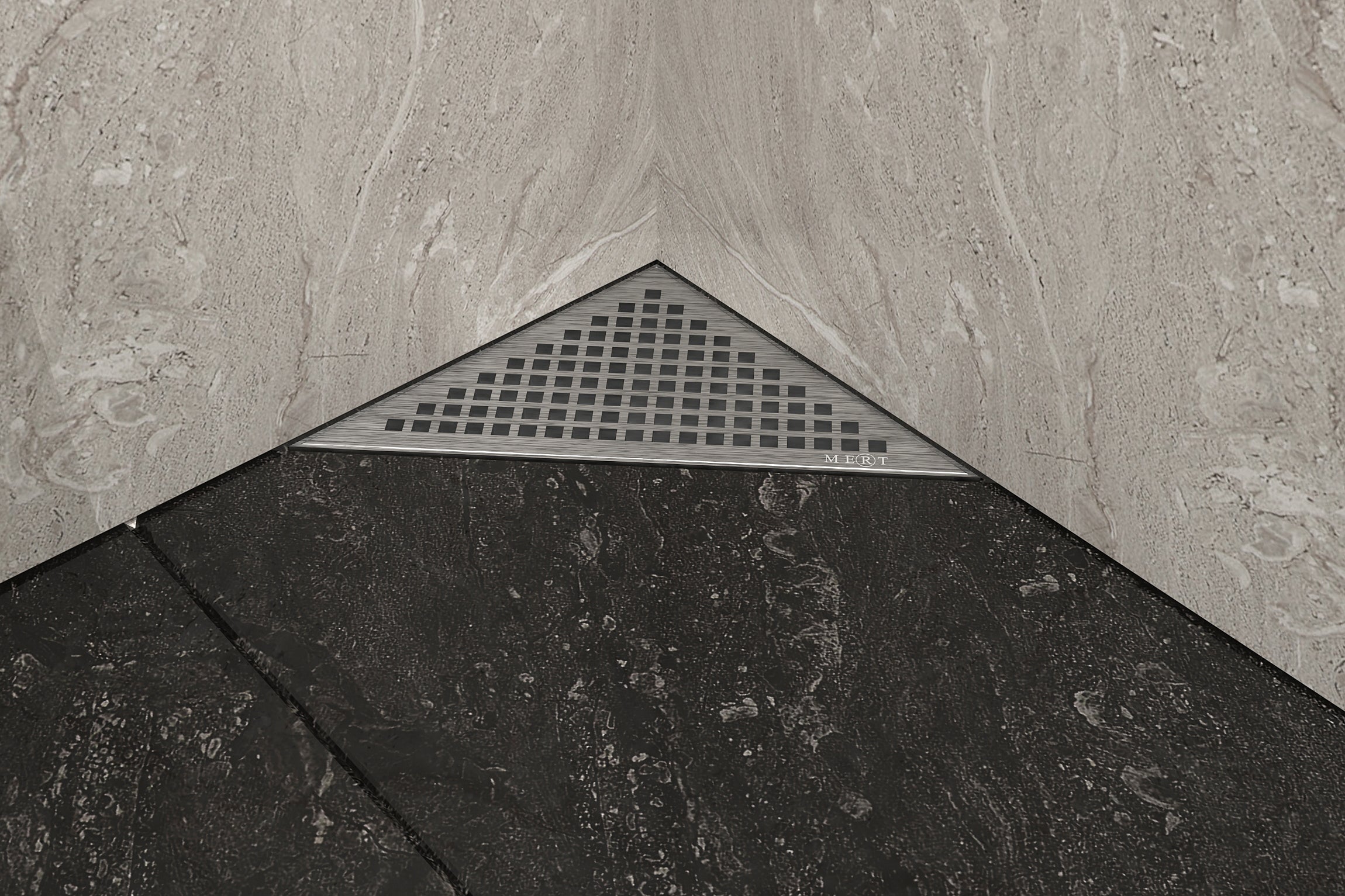 Mert Bodenablauf Aufsatz Design Dreieck Kare mit Edelstahlrost und Rahmen 215x215x304 mm