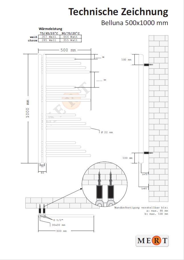 Mert Design Badheizkörper Modell Belluna mit Mittelanschluss