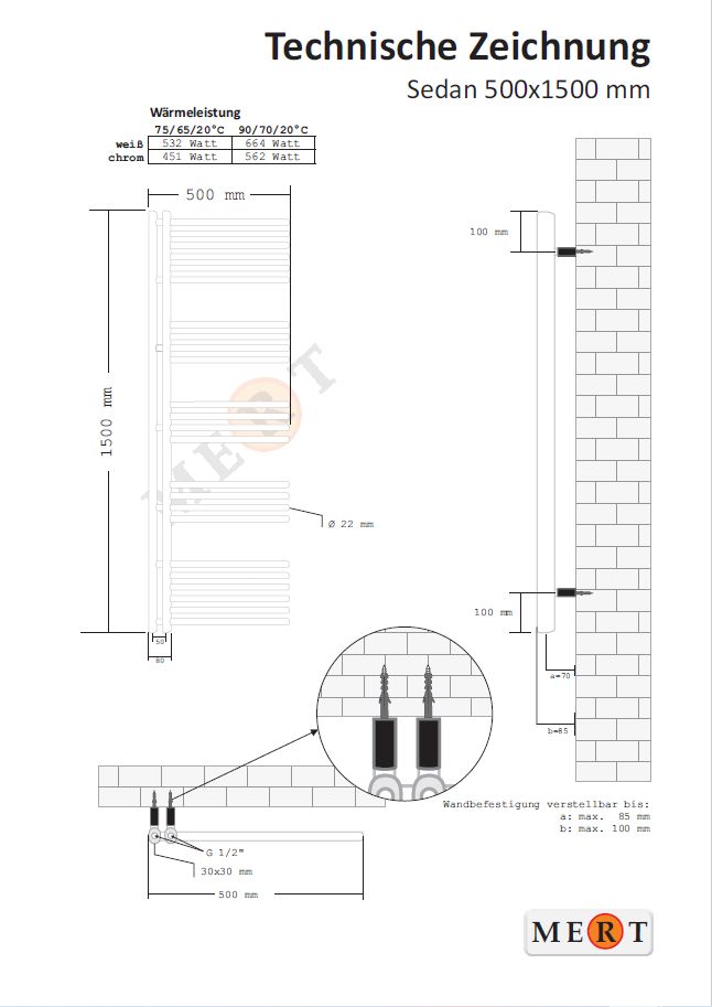 Mert Design Badheizkörper Modell Sedan mit Seitenanschluss