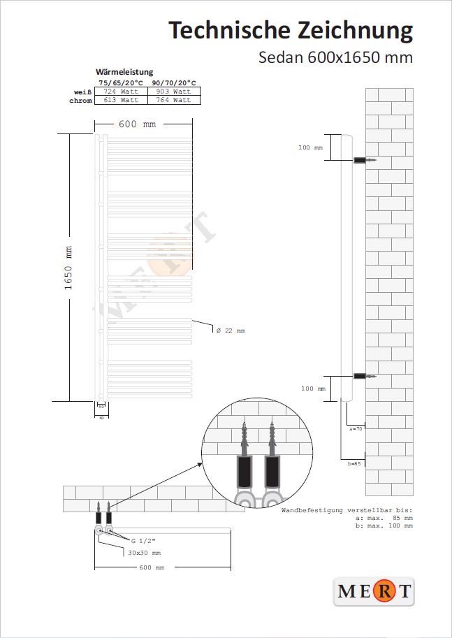 Mert Design Badheizkörper Modell Sedan mit Seitenanschluss