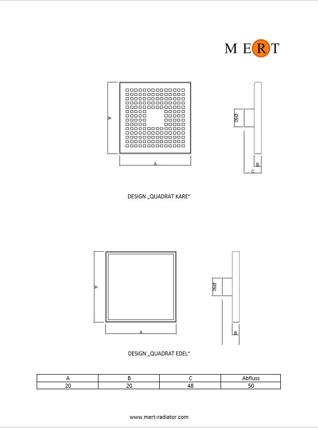 MERT Ultra Flach Bodenablauf Design "Edel" 200x200 mm, komplett aus Edelstahl, Einbauhöhe ab 2 mm