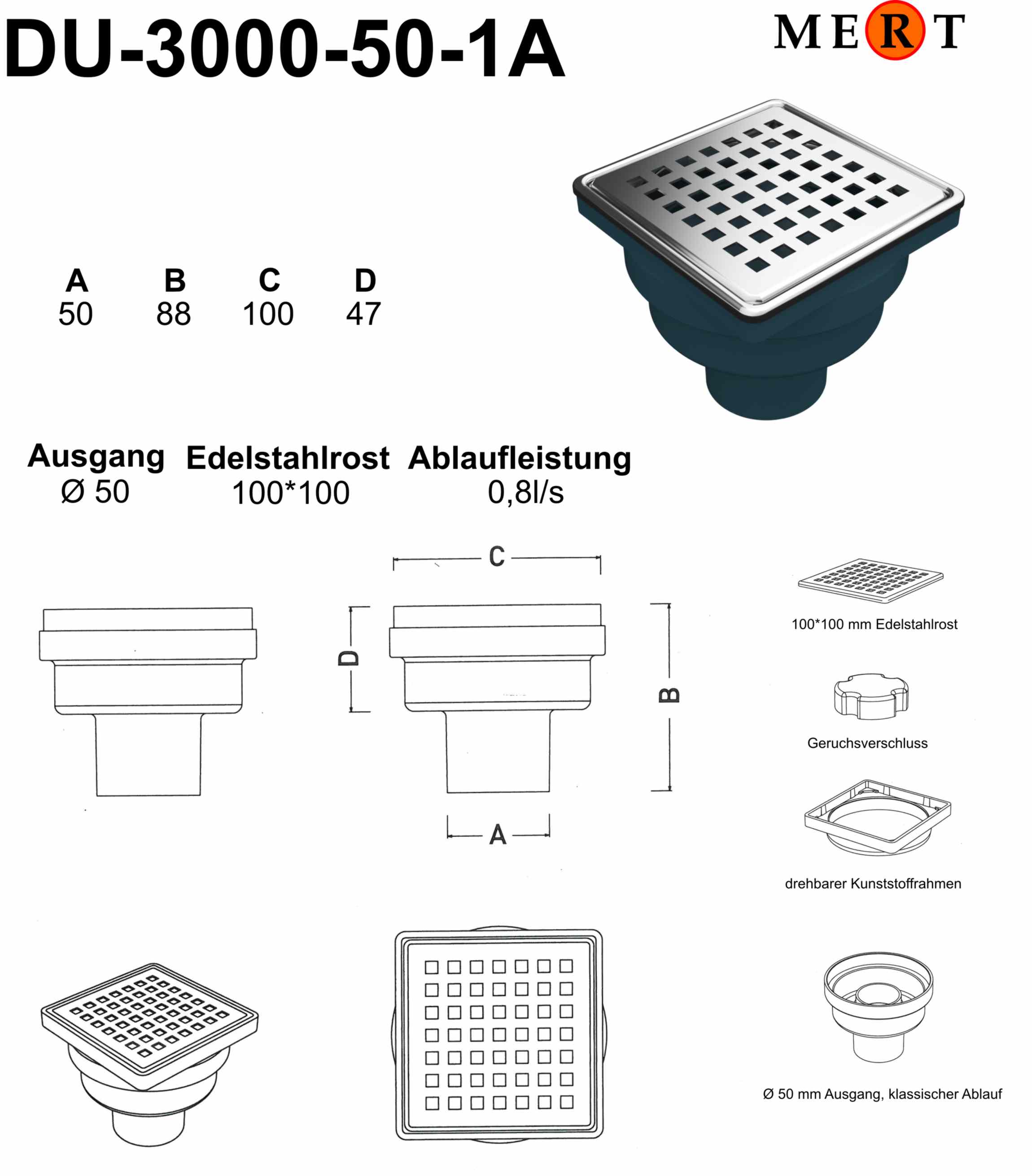 Mert Bodenablauf mit Edelstahlrost- und Rahmen Senkrecht, 100x100 mm