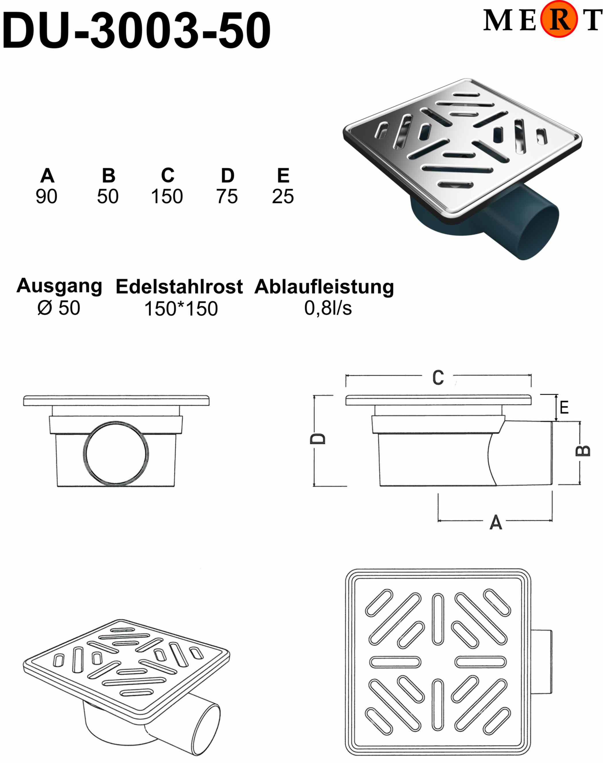 Mert Bodenablauf mit Edelstahlrost und Rahmen Waagerecht, 150x150 mm