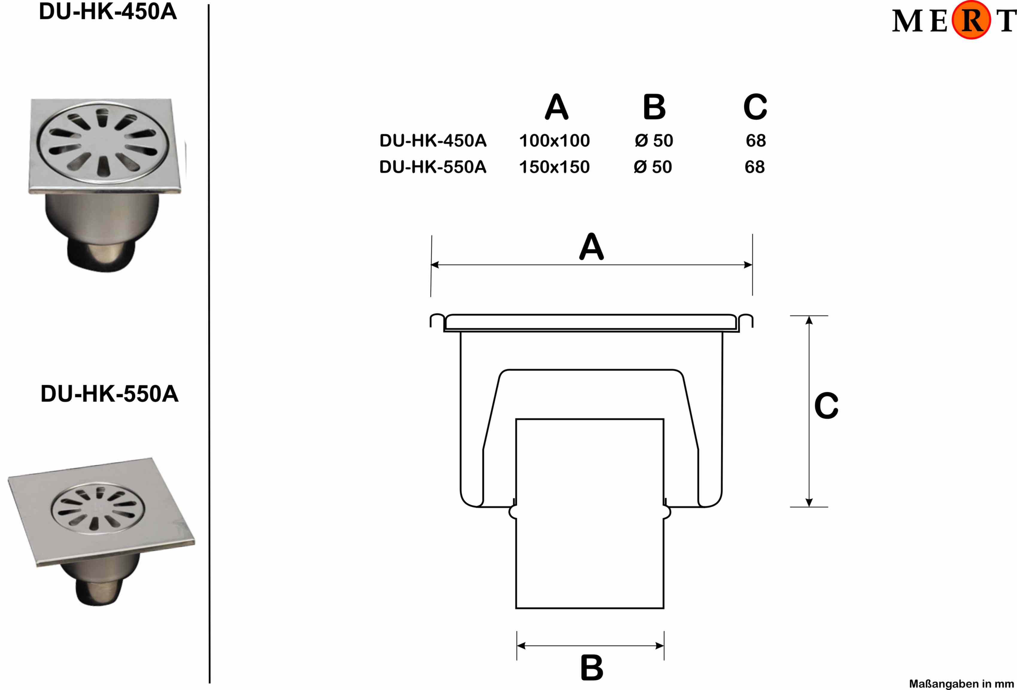 MERT hochwertiger Bodenablauf, 150x150 mm, Senkrecht, einteilig, geschweißt, komplett aus Edelstahl
