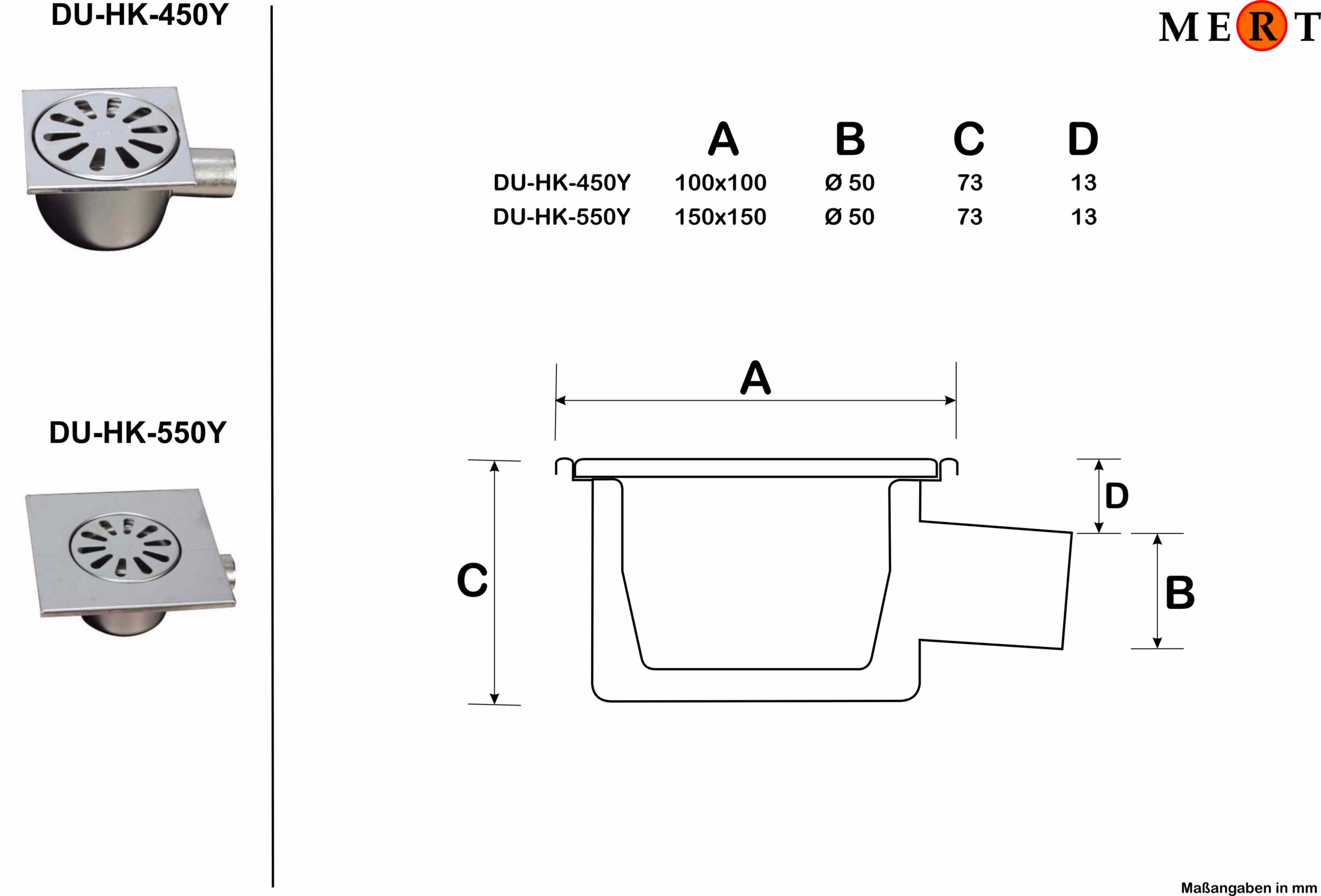 MERT hochwertiger Bodenablauf, 150x150 mm, Waagerecht, einteilig, geschweißt, komplett aus Edelstahl